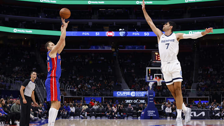 Dec 6, 2023; Detroit, Michigan, USA;  Detroit Pistons forward Bojan Bogdanovic (44) shoots against