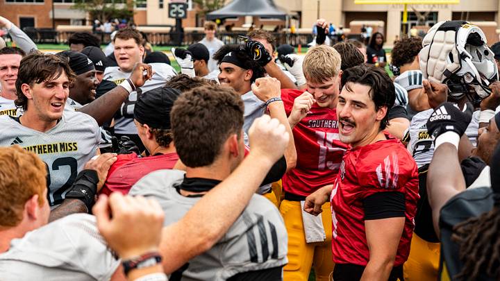 Southern Miss players break out of a huddle after a spring game at M.M. Roberts Stadium in Hattiesburg, Miss., on Saturday, April 18, 2026.