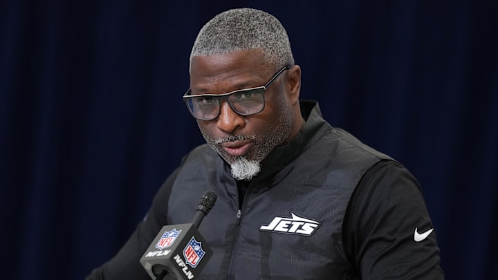Feb 24, 2026; Indianapolis, IN, USA; New York Jets coach Aaron Glenn speaks at the NFL Scouting Combine at the Indiana Convention Center. Mandatory Credit: Kirby Lee-Imagn Images