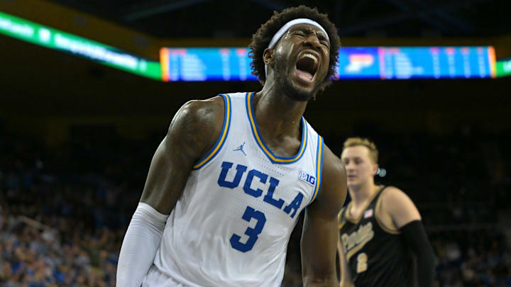 Jan 20, 2026; Los Angeles, California, USA;  UCLA Bruins guard Eric Dailey Jr. (3) reacts after a dunk in the first half against the Purdue Boilermakers at Pauley Pavilion presented by Wescom Financial. Mandatory Credit: Jayne Kamin-Oncea-Imagn Images