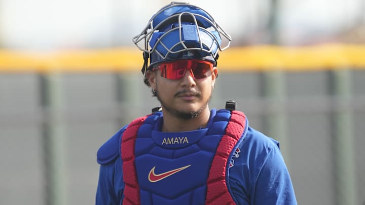 Feb 12, 2026; Mesa, AZ, USA; Chicago Cubs catcher Miguel Amaya (9) works out during spring training camp at Sloan Park. Mandatory Credit: Rick Scuteri-Imagn Images Feb 12, 2026; Mesa, AZ, USA; Chicago Cubs catcher Miguel Amaya (9) works out during spring training camp at Sloan Park. Mandatory Credit: Rick Scuteri-Imagn Images