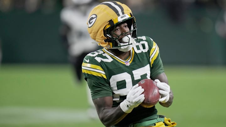Green Bay Packers wide receiver Romeo Doubs (87) fields a punt during the second quarter of their game against the Philadelphia Eagles Monday, November 10, 2025 at Lambeau Field in Green Bay, Wisconsin.