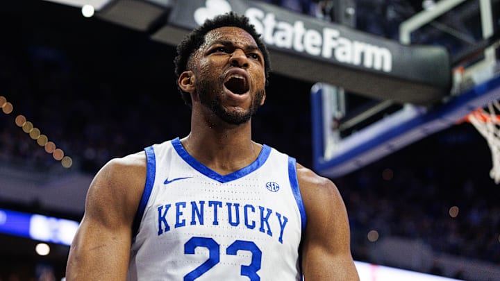Jan 21, 2026; Lexington, Kentucky, USA; Kentucky Wildcats forward Mouhamed Dioubate (23) reacts after being fouled during the second half against the Texas Longhorns at Rupp Arena at Central Bank Center. Mandatory Credit: Jordan Prather-Imagn Images