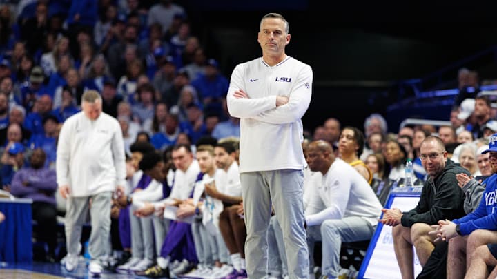 Mar 4, 2025; Lexington, Kentucky, USA; LSU Tigers head coach Matt McMahon looks on during the first half against the Kentucky Wildcats at Rupp Arena at Central Bank Center. Mandatory Credit: Jordan Prather-Imagn Images Mar 4, 2025; Lexington, Kentucky, USA; LSU Tigers head coach Matt McMahon looks on during the first half against the Kentucky Wildcats at Rupp Arena at Central Bank Center. Mandatory Credit: Jordan Prather-Imagn Images