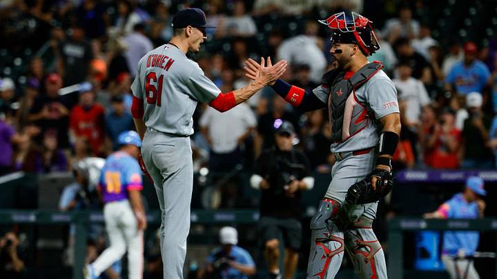 Sep 4, 2026; Denver, Colorado, USA; St. Louis Cardinals relief pitcher Riley O'Brien (61) reacts with catcher Leo Bernal (13) after the game against the Colorado Rockies at Coors Field. Mandatory Credit: Isaiah J. Downing-Imagn Images Sep 4, 2026; Denver, Colorado, USA; St. Louis Cardinals relief pitcher Riley O'Brien (61) reacts with catcher Leo Bernal (13) after the game against the Colorado Rockies at Coors Field. Mandatory Credit: Isaiah J. Downing-Imagn Images