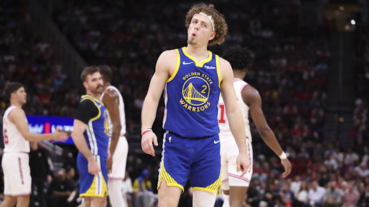 Mar 5, 2026; Houston, Texas, USA; jGolden State Warriors guard Brandin Podziemski (2) reacts after a play during the third quarter against the Houston Rockets at Toyota Center. Mandatory Credit: Troy Taormina-Imagn Images