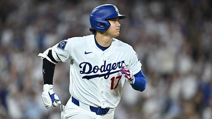 Jul 28, 2026; Los Angeles, California, USA; Los Angeles Dodgers designated hitter Shohei Ohtani (17) runs after hitting an RBI single during the fourth inning against the Seattle Mariners at Dodger Stadium. Mandatory Credit: William Liang-Imagn Images