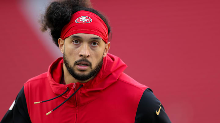 Dec 30, 2024; Santa Clara, California, USA; San Francisco 49ers safety Talanoa Hufanga (29) before the game against the Detroit Lions at Levi's Stadium. Mandatory Credit: Sergio Estrada-Imagn Images