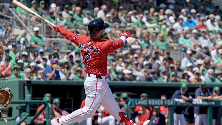 Mar 17, 2025; Fort Myers, Florida, USA; Boston Red Sox Alex Bregman (2) connects with the ball in the first inning against the Baltimore Orioles at JetBlue Park at Fenway South. Mandatory Credit: Chris Tilley-Imagn Images Mar 17, 2025; Fort Myers, Florida, USA; Boston Red Sox Alex Bregman (2) connects with the ball in the first inning against the Baltimore Orioles at JetBlue Park at Fenway South. Mandatory Credit: Chris Tilley-Imagn Images