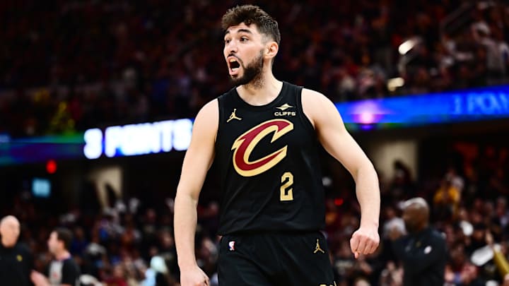 May 13, 2025; Cleveland, Ohio, USA; Cleveland Cavaliers guard Ty Jerome (2) reacts during the second half against the Indiana Pacers in game five of the second round for the 2025 NBA Playoffs at Rocket Arena. Mandatory Credit: Ken Blaze-Imagn Images