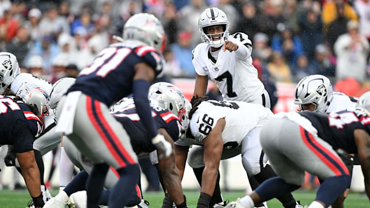 Sep 7, 2025; Foxborough, Massachusetts, USA;  Las Vegas Raiders quarterback Geno Smith (7) during the second half at Gillette Stadium. Mandatory Credit: Brian Fluharty-Imagn Images