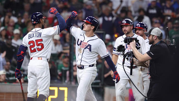 Mar 9, 2026; Houston, TX, United States; United States outfielder Roman Anthony (3) celebrates a home run with outfielder Byron Buxton (25) in the third inning against Mexico at Daikin Park. Mandatory Credit: Troy Taormina-Imagn Images