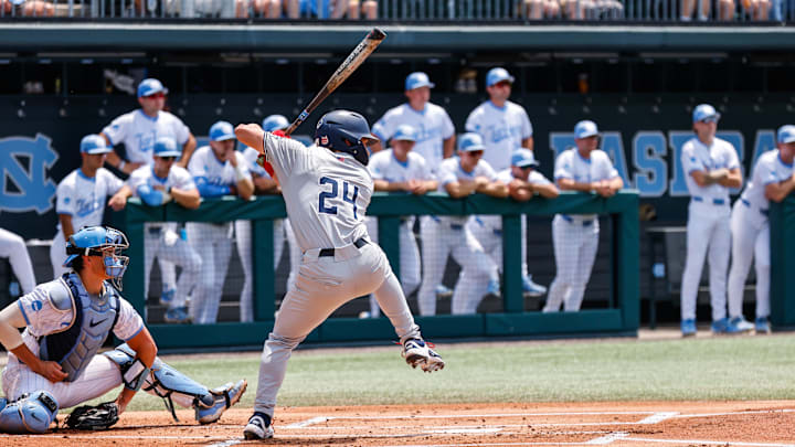 Jun 8, 2025; Chapel Hill, NC, USA; Arizona infielder Mason White (24) prepares to hit the ball during the first inning of the Super Regionals game against North Carolina in Chapel Hill, North Carolina. Mandatory Credit: Jaylynn Nash-Imagn Images Jun 8, 2025; Chapel Hill, NC, USA; Arizona infielder Mason White (24) prepares to hit the ball during the first inning of the Super Regionals game against North Carolina in Chapel Hill, North Carolina. Mandatory Credit: Jaylynn Nash-Imagn Images