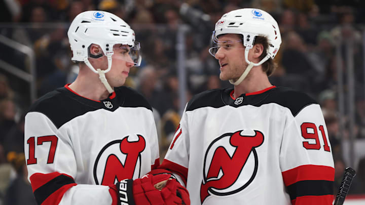 Feb 26, 2026; Pittsburgh, Pennsylvania, USA; New Jersey Devils defenseman Simon Nemec (17) and center Dawson Mercer (91) talk on the ice against the Pittsburgh Penguins during the first period at PPG Paints Arena. Mandatory Credit: Charles LeClaire-Imagn Images Feb 26, 2026; Pittsburgh, Pennsylvania, USA; New Jersey Devils defenseman Simon Nemec (17) and center Dawson Mercer (91) talk on the ice against the Pittsburgh Penguins during the first period at PPG Paints Arena. Mandatory Credit: Charles LeClaire-Imagn Images