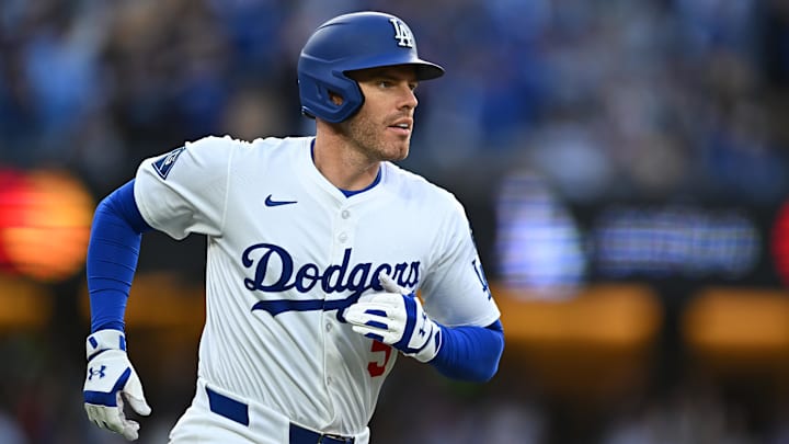 Los Angeles Dodgers first baseman Freddie Freeman (5) hits a home run during the 1st inning against the Detroit Tigers at Dodger Stadium. 