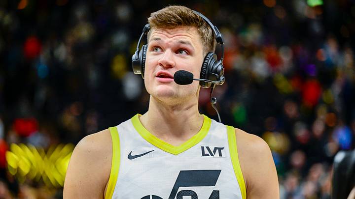Nov 25, 2023; Salt Lake City, Utah, USA; Utah Jazz center Walker Kessler (24) is interviewed after a game agains the New Orleans Pelicans at Delta Center. Mandatory Credit: Christopher Creveling-USA TODAY Sports