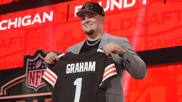 Apr 24, 2025; Green Bay, WI, USA; Michigan Wolverines defensive lineman Mason Graham is selected by the Cleveland Browns as the number five pick in the first round of the 2025 NFL Draft at Lambeau Field. Mandatory Credit: Kirby Lee-Imagn Images