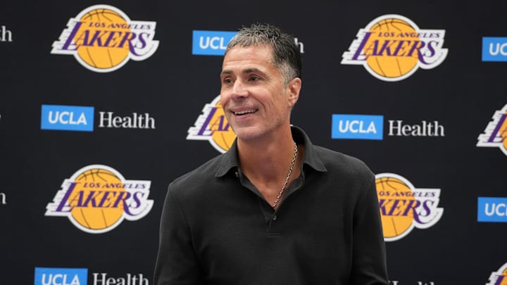 Sep 25, 2024; El Segundo, CA, USA; Los Angeles Lakers general manager Rob Pelinka at press conference at UCLA Health Training Center. Mandatory Credit: Kirby Lee-Imagn Images