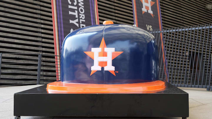 Apr 27, 2024; Mexico City, Mexico; A large Houston Astros helmet at the MLB World Tour Mexico Series game at Estadio Alfredo Harp Helu. Mandatory Credit: Kirby Lee-Imagn Images