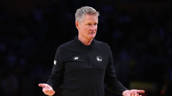Apr 9, 2024; Los Angeles, California, USA; Golden State Warriors coach Steve Kerr reacts in the first half against the Los Angeles Lakers at Crypto.com Arena. Apr 9, 2024; Los Angeles, California, USA; Golden State Warriors coach Steve Kerr reacts in the first half against the Los Angeles Lakers at Crypto.com Arena.