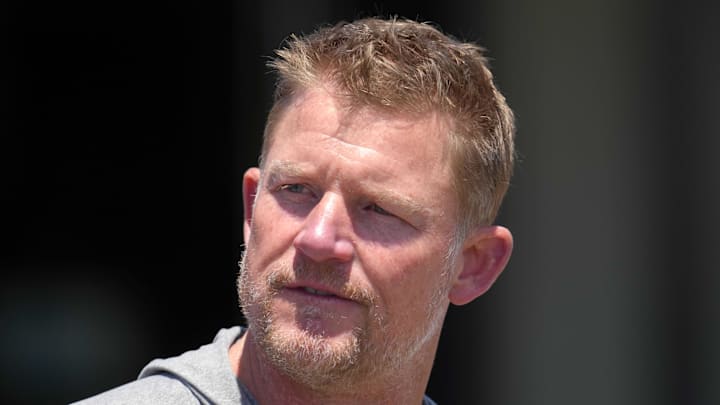 May 23, 2022; Thousand Oaks, CA, USA; Los Angeles Rams general manager Les Snead during organized team activities at California Lutheran University. Mandatory Credit: Kirby Lee-Imagn Images