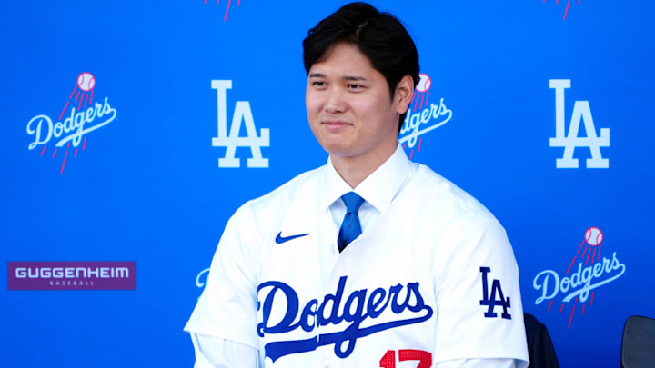 Dec 14, 2023; Los Angeles, CA, USA;  Los Angeles Dodgers player Shohei Ohtani is introduced at a