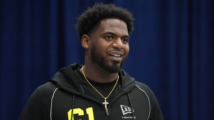 Feb 25, 2026; Indianapolis, IN, USA; Western Michigan defensive lineman Nadame Tucker (DL61) speaks during the NFL Scouting Combine at the Indiana Convention Center. Mandatory Credit: Kirby Lee-Imagn Images