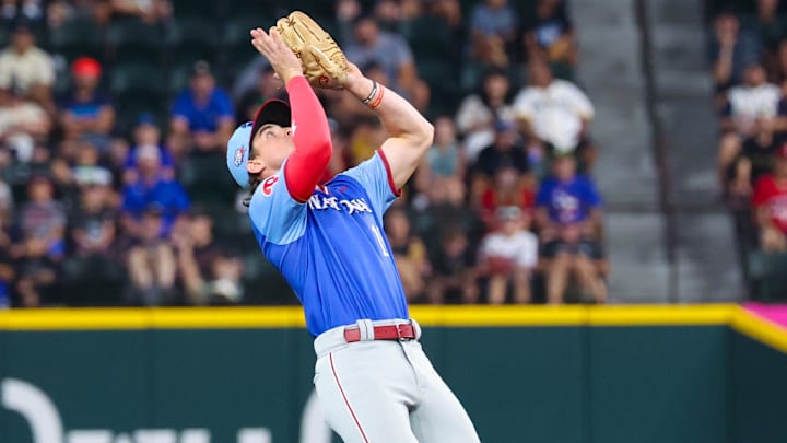 Jul 13, 2024; Arlington, TX, USA;  National League Future infielder Aidan Miller (10) makes a catch during the fourth inning against the American League Future team during the Major League All-Star Futures game at Globe Life Field.