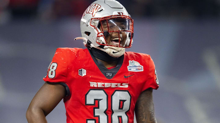 Dec 26, 2023; Phoenix, AZ, USA; UNLV Rebels linebacker Marsel McDuffie (38) against the Kansas Jayhawks in the Guaranteed Rate Bowl at Chase Field. Mandatory Credit: Mark J. Rebilas-USA TODAY Sports Dec 26, 2023; Phoenix, AZ, USA; UNLV Rebels linebacker Marsel McDuffie (38) against the Kansas Jayhawks in the Guaranteed Rate Bowl at Chase Field. Mandatory Credit: Mark J. Rebilas-USA TODAY Sports