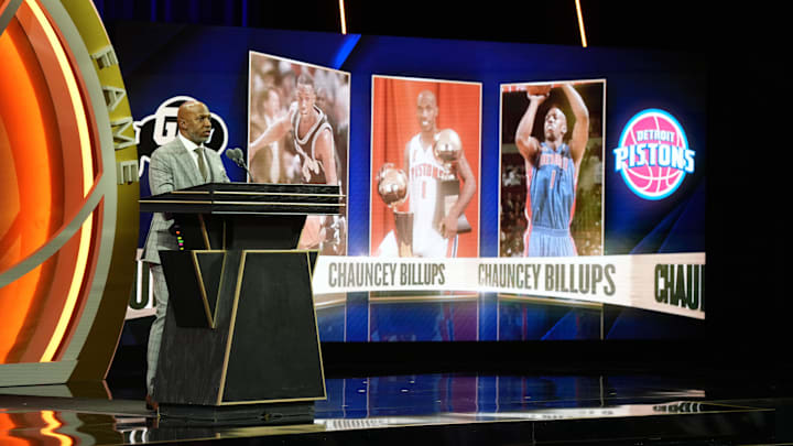 Oct 13, 2024; Uncasville, Conn, USA; Class of 2024 inductee Chauncey Billups speaks during the Naismith Memorial Basketball Hall of Fame Enshrinement at Symphony Hall Springfield. Mandatory Credit: David Butler II-Imagn Images Oct 13, 2024; Uncasville, Conn, USA; Class of 2024 inductee Chauncey Billups speaks during the Naismith Memorial Basketball Hall of Fame Enshrinement at Symphony Hall Springfield. Mandatory Credit: David Butler II-Imagn Images