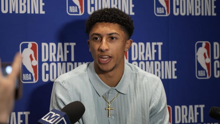 May 14, 2025; Chicago, Il, USA; Nique Clifford talks to the media during the 2025 NBA Draft Combine at Marriott Marquis Chicago. Mandatory Credit: David Banks-Imagn Images