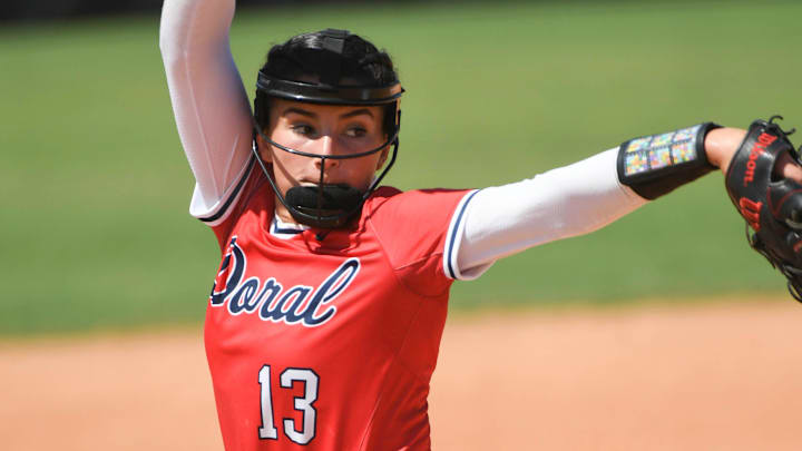 Alyssa Zabala of Doral Academy pitches against the Melbourne Bulldogs in the FHSAA state Class 6A softball championship game Saturday, May 28, 2022. Craig Bailey/FLORIDA TODAY via USA TODAY NETWORK

High School Softball Melbourne Vs Doral Academy