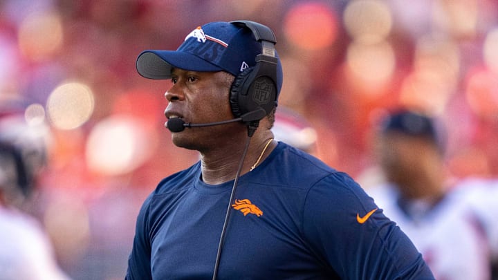 August 19, 2023; Santa Clara, California, USA; Denver Broncos defensive coordinator Vance Joseph during the second quarter against the San Francisco 49ers at Levi's Stadium. Mandatory Credit: Kyle Terada-Imagn Images