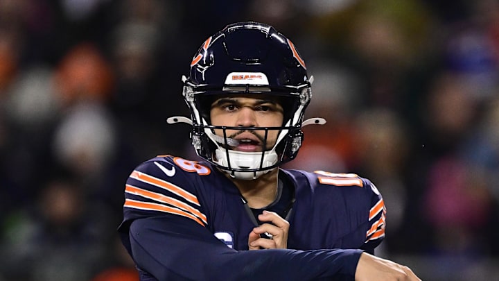 Dec 26, 2024; Chicago, Illinois, USA; Chicago Bears quarterback Caleb Williams (18) passes the ball against the Seattle Seahawks during the second quarter at Soldier Field. Mandatory Credit: Daniel Bartel-Imagn Images