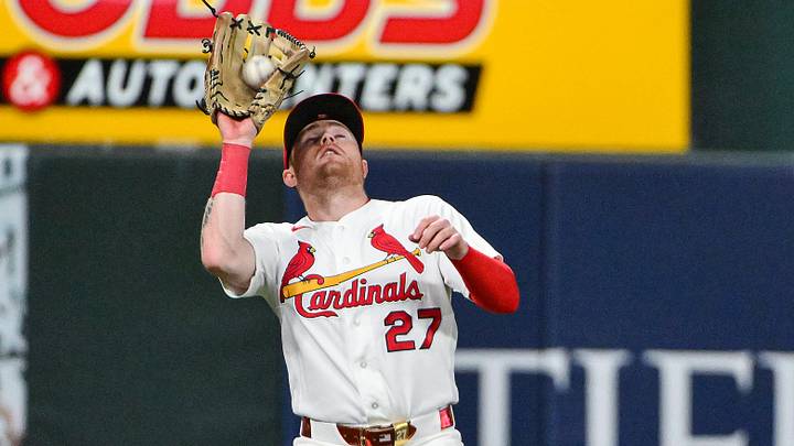 May 4, 2026; St. Louis, Missouri, USA; St. Louis Cardinals left fielder Nathan Church (27) catches a fly ball against the Milwaukee Brewers during the eighth inning at Busch Stadium. Mandatory Credit: Jeff Curry-Imagn Images