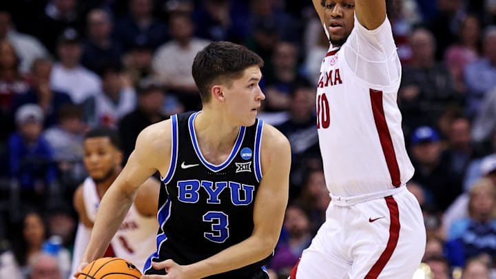 Mar 27, 2025; Newark, NJ, USA; Brigham Young Cougars guard Egor Demin (3) handles the ball against Alabama Crimson Tide forward Mouhamed Dioubate (10) during the second half during an East Regional semifinal of the 2025 NCAA tournament at Prudential Center. Mandatory Credit: Vincent Carchietta-Imagn Images