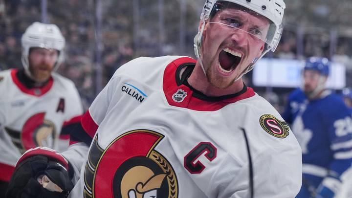 Thomas Chabot celebrating his first goal as captain of the Ottawa Senators in their season opener versus the Toronto Maple Leafs Thomas Chabot celebrating his first goal as captain of the Ottawa Senators in their season opener versus the Toronto Maple Leafs