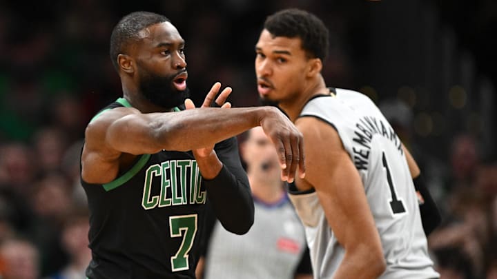 Jan 10, 2026; Boston, Massachusetts, USA; Boston Celtics guard Jaylen Brown (7) passes the ball against the San Antonio Spurs during the first half at the TD Garden.