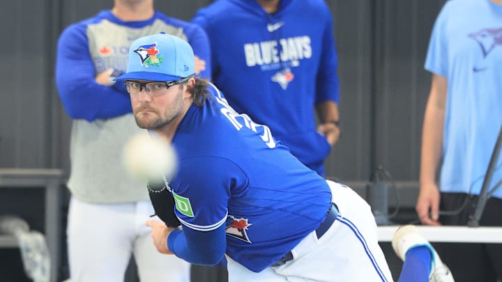 Feb 11, 2026; Dunedin, FL, USA;  Toronto Blue Jays pitcher Josh Fleming (35) throws a bullpen session for spring training practice at Blue Jays Player Development Complex. Mandatory Credit: Kim Klement Neitzel-Imagn Images