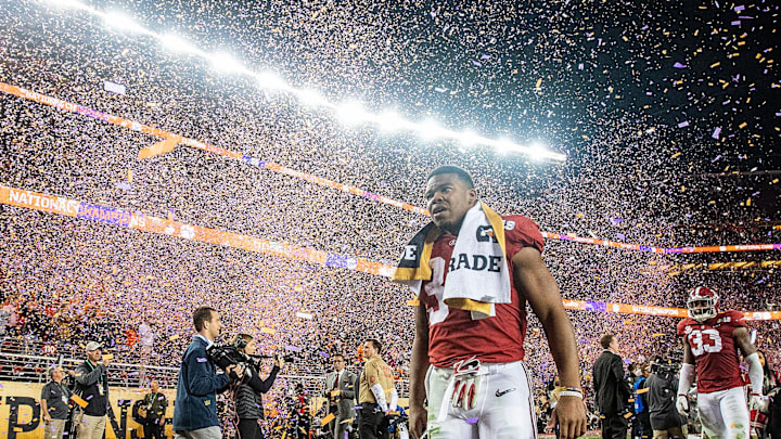 Alabama running back Damien Harris (34) walks off the field after the College Football Playoff National Championship. Alabama running back Damien Harris (34) walks off the field after the College Football Playoff National Championship.