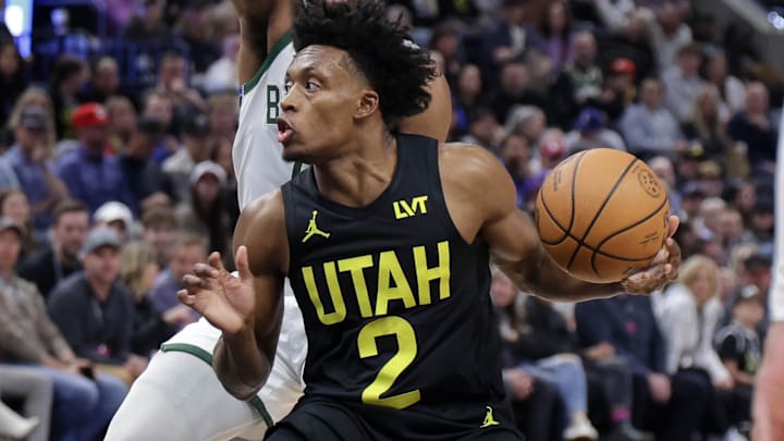 Feb 4, 2024; Salt Lake City, Utah, USA;  Utah Jazz guard Collin Sexton (2) controls the ball during