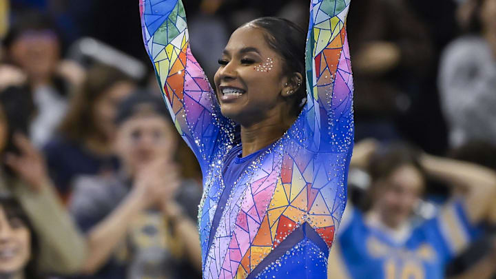 UCLA gymnast Jordan Chiles competes in the floor exercise during a NCAA gymnastics meet against Penn State  at Pauley Pavilion presented by Wesco.