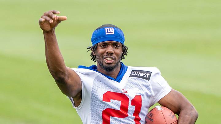 Paulson Adebo with the NY Giants is shown during practice at Quest Diagnostics Training Center, East Rutherford, NJ, May 28, 2025.