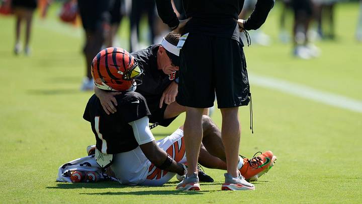 Cincinnati Bengals wide receiver Ja'Marr Chase goes down with an apparent injury at practice on Tuesday, Aug. 25. Cincinnati Bengals wide receiver Ja'Marr Chase goes down with an apparent injury at practice on Tuesday, Aug. 25.