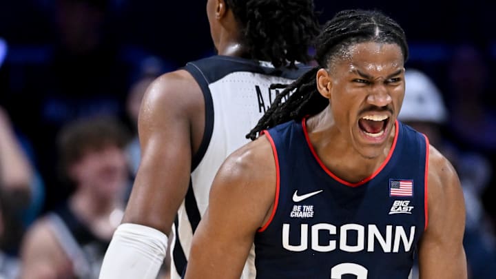 Feb 11, 2026; Indianapolis, Indiana, USA; UConn Huskies guard Silas Demary Jr. (2) celebrates after a play against the Butler Bulldogs during the second half at Hinkle Fieldhouse. Mandatory Credit: Robert Goddin-Imagn Images