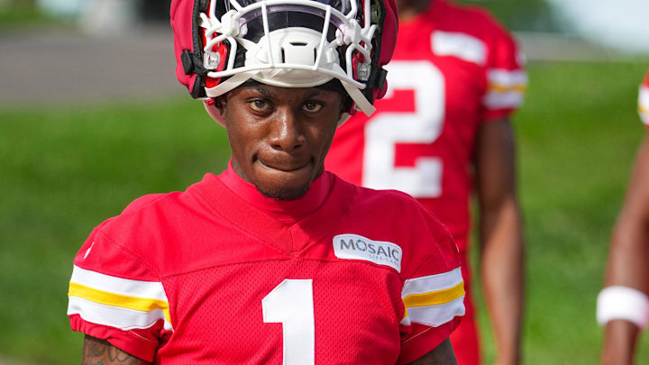 Jul 22, 2025; St. Joseph, MO, USA; Kansas City Chiefs wide receiver Xavier Worthy (1) walks down the hill to the fields prior to training camp at Missouri Western State University. Mandatory Credit: Denny Medley-Imagn Images
