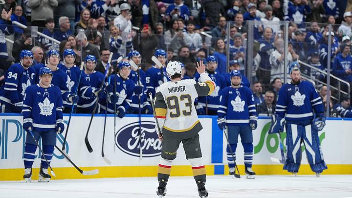 Jan 23, 2026; Toronto, Ontario, CAN; Vegas Golden Knights right wing Mitch Marner (93) acknowledges the crowd after a video board tribute during a TV timeout against the Toronto Maple Leafs in the first period at Scotiabank Arena. Mandatory Credit: Nick Turchiaro-Imagn Images Jan 23, 2026; Toronto, Ontario, CAN; Vegas Golden Knights right wing Mitch Marner (93) acknowledges the crowd after a video board tribute during a TV timeout against the Toronto Maple Leafs in the first period at Scotiabank Arena. Mandatory Credit: Nick Turchiaro-Imagn Images