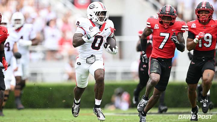Georgia Bulldogs wide receiver Sacovie White-Helton takes a catch for a 70-yard touchdown in the Dawgs' big win over Western Kentucky in Sanford Stadium on 9/12/2026. Georgia Bulldogs wide receiver Sacovie White-Helton takes a catch for a 70-yard touchdown in the Dawgs' big win over Western Kentucky in Sanford Stadium on 9/12/2026.