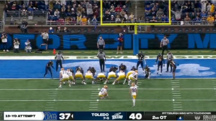 Pitt kicks a field goal in double OT against Toledo during the GameAbove Sports Bowl