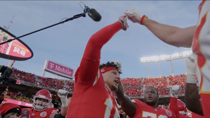 Patrick Mahomes and Travis Kelce with the rest of the Kansas City Chiefs before the AFC championship game.